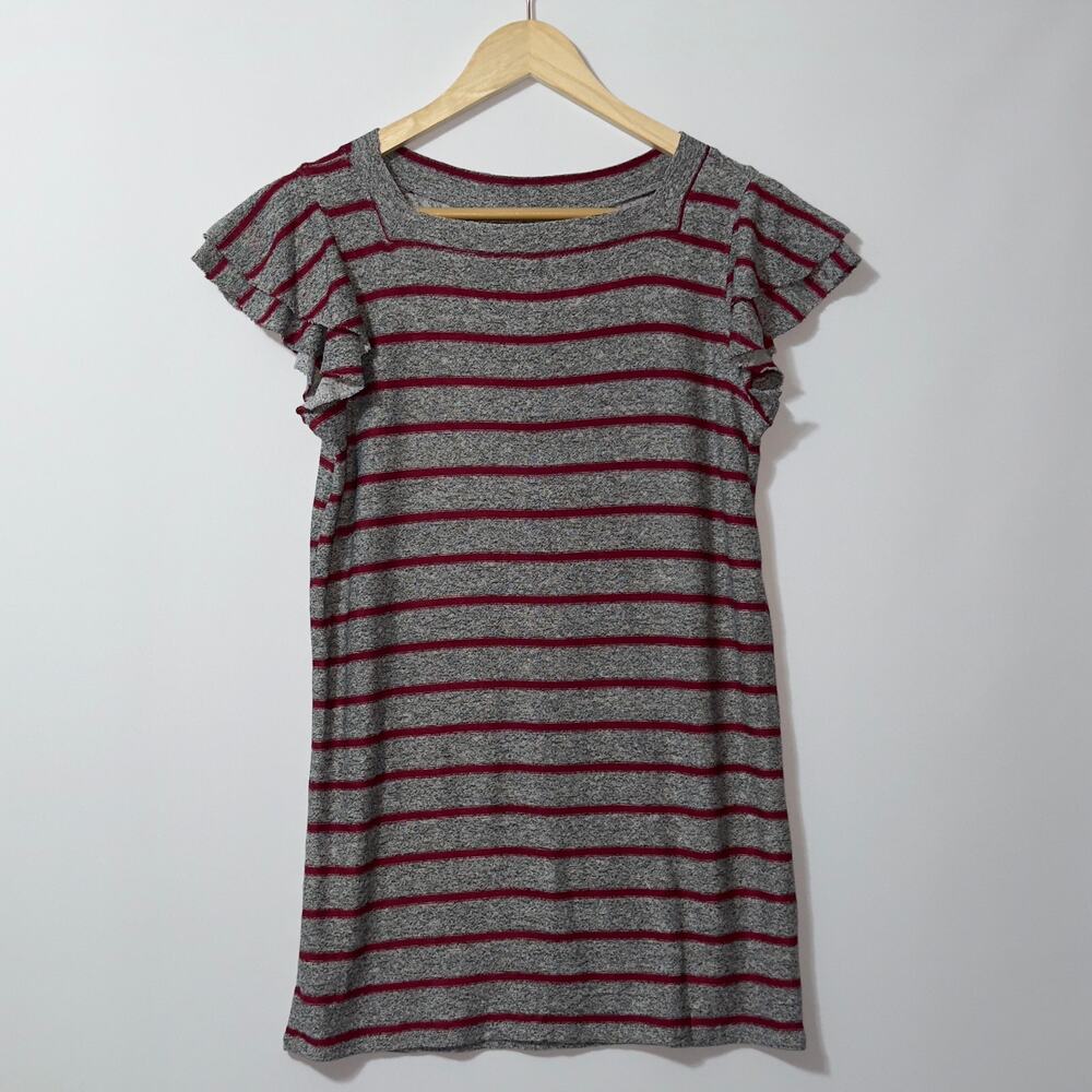TratGirl Gray and Red Striped Ruffle Sleeve Top women’s Size Small